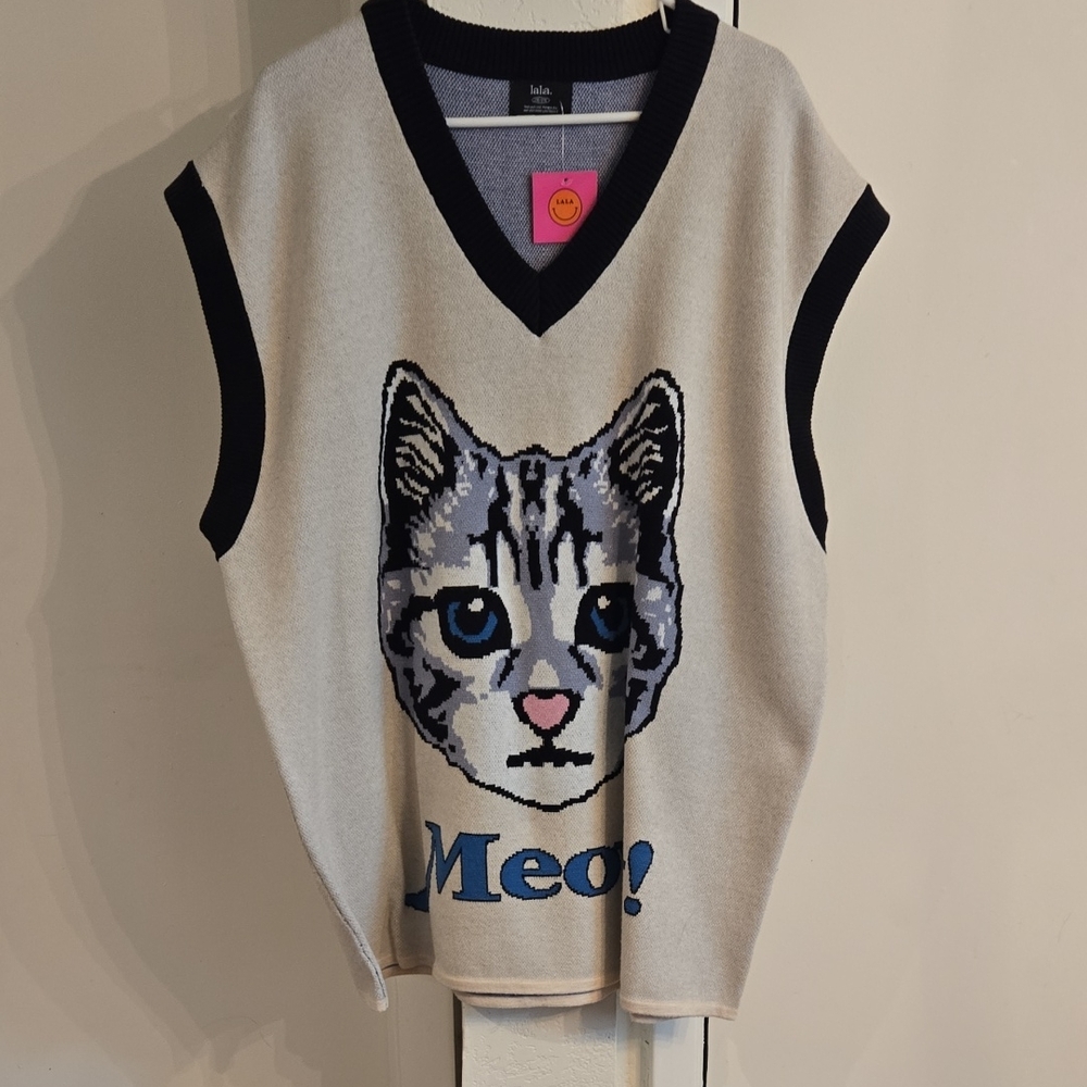 Dressed In LaLa Cat Sweater Vest - Cream and Black